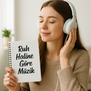 Kulaklık ve defterle müzik dinleyen kadın